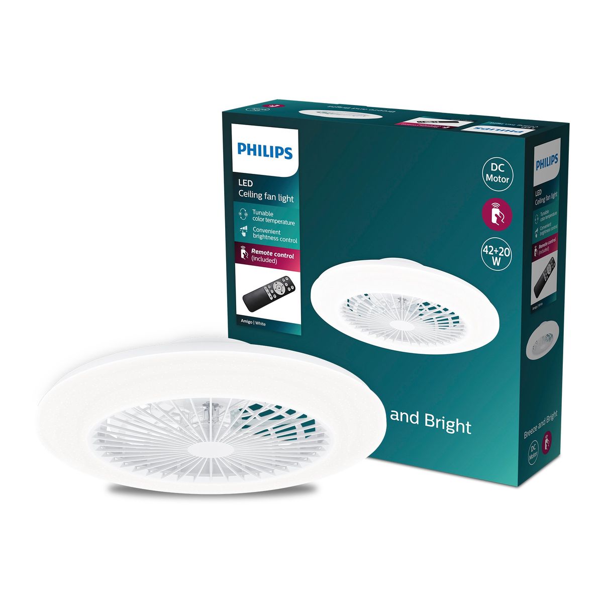 Philips - Amigo Ventilador Plano de Techo IR RD 25W+60W WH