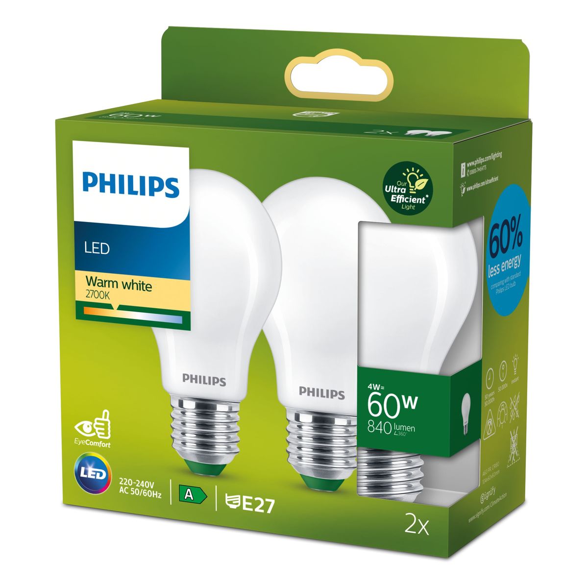 Philips - LED CLA 60W A60 E27 2700K FR UE 2PF/SRT
