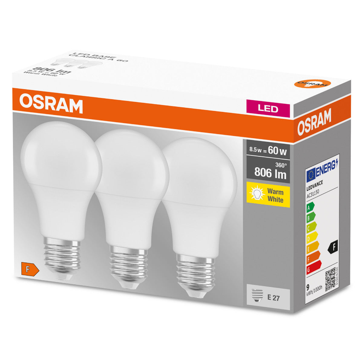 OSRAM LED-LAMPA RUND MATT 9.5W E27 3-P