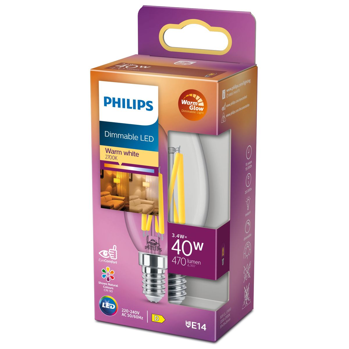 Philips - LED clásico 40W B35 E14 CL WGD90 SRT4