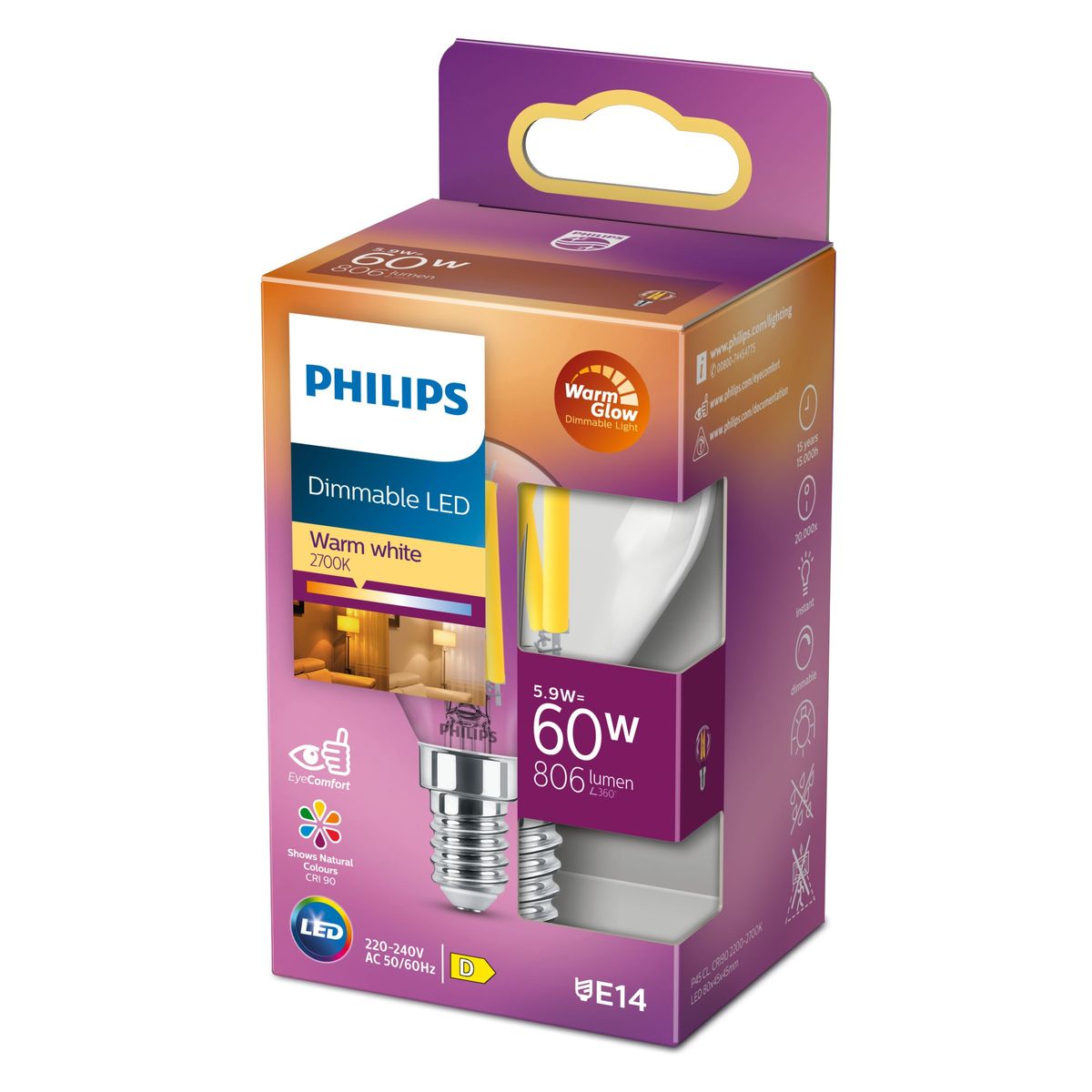 Philips - LED clásico 60W P45 E14 WGD90 CL SRT4